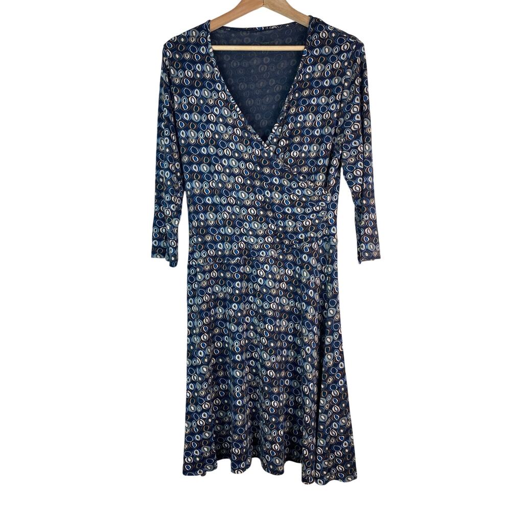 Garnet Hill Women's M‎ Blue Brown Cream Faux Wrap Midi Dress *